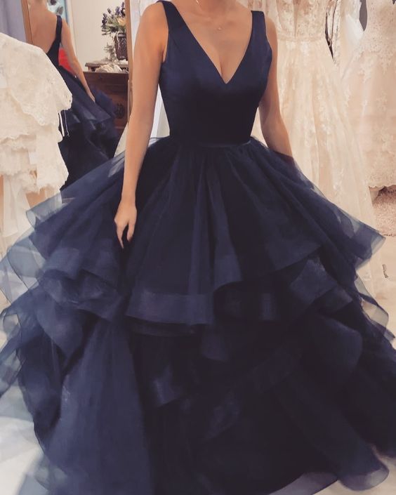 Elegant V Neck Long Prom Dresses blue Formal Gown cg15609