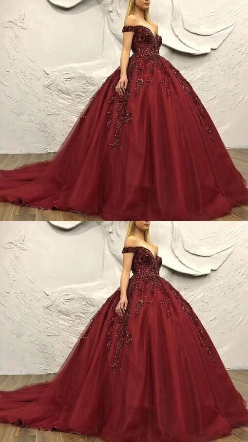 Maroon Wedding Dress Off Shoulder PROM DRESS cg15615