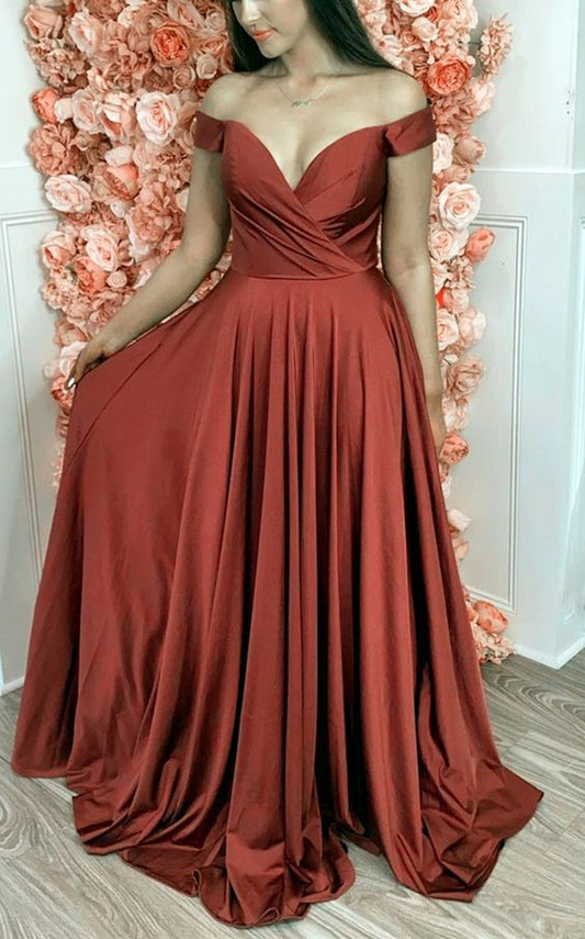 Prinzessin Ballkleid Einfaches Langes Satin Rost Brautjungfernkleider Schulterfrei Abendkleid Für Frauen cg15620