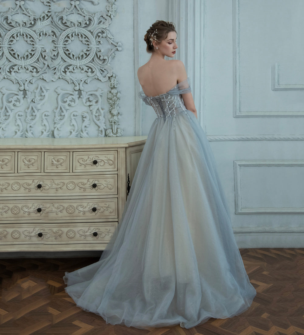 GREY TULLE BEADS LONG PROM DRESS EVENING DRESS cg15622
