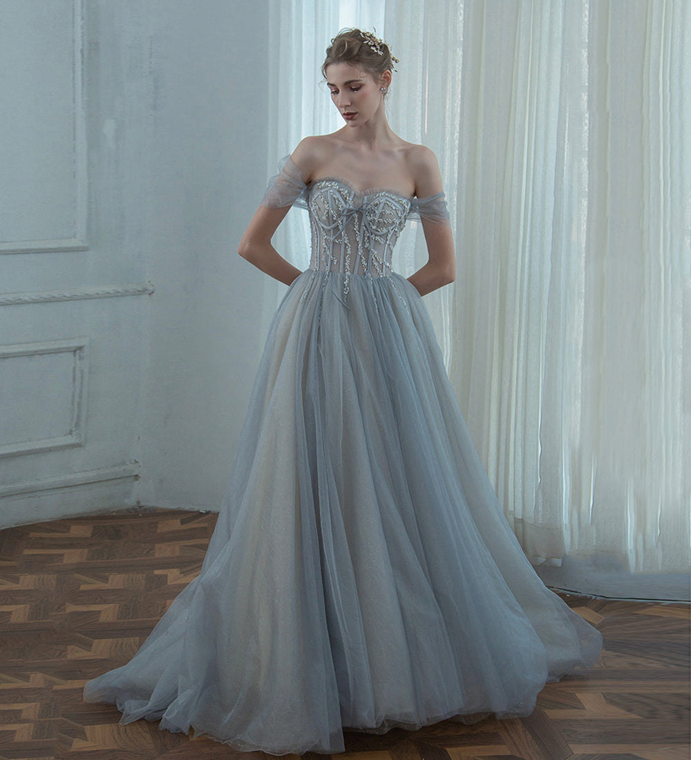 GREY TULLE BEADS LONG PROM DRESS EVENING DRESS cg15622