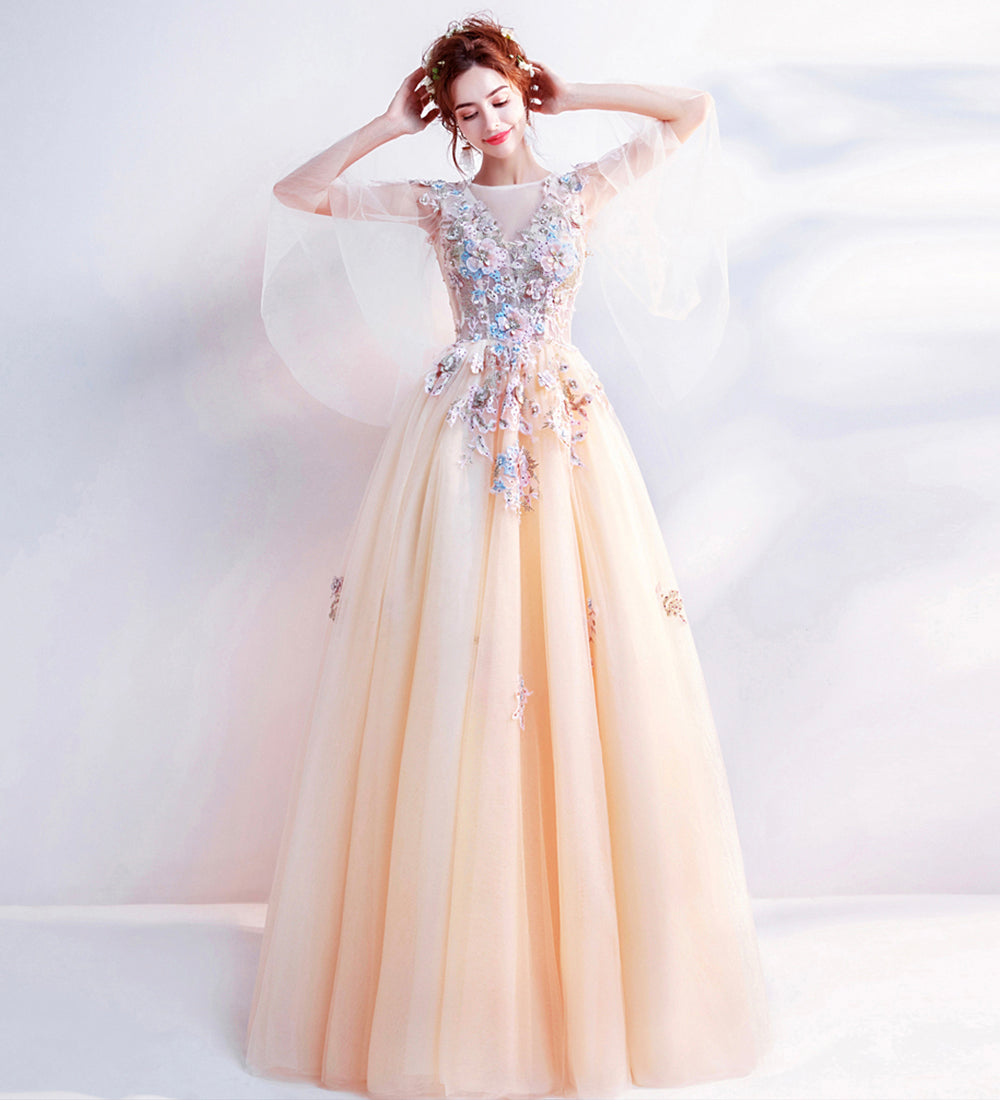 CHAMPAGNE LACE APPLIQUE LONG PROM DRESS EVENING DRESS cg15623
