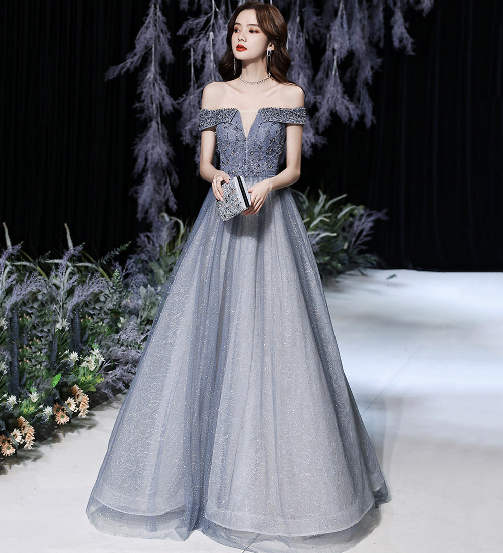 GREY TULLE BEADS LONG PROM DRESS SHINY EVENING DRESS cg15625