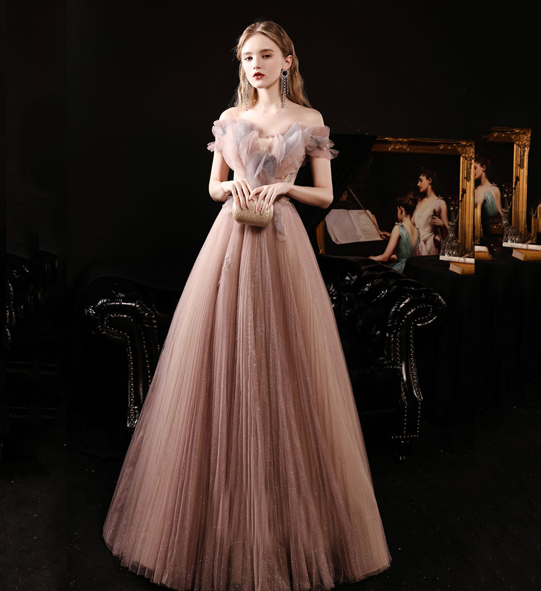 UNIQUE TULLE LONG PROM DRESS A LINE EVENING DRESS cg15627