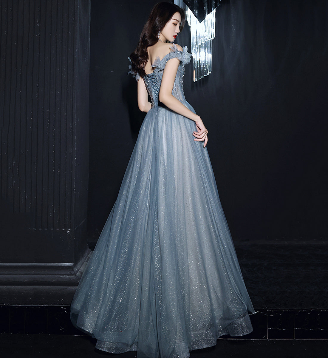 BLUE TULLE SEQUINS LONG PROM DRESS BLUE EVENING DRESS cg15628