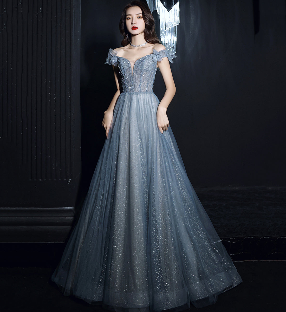 BLUE TULLE SEQUINS LONG PROM DRESS BLUE EVENING DRESS cg15628