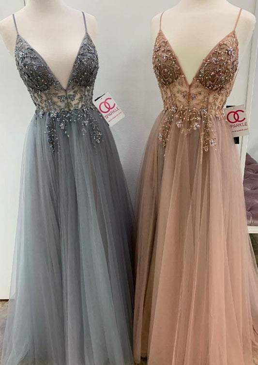Sexy Träger V-Ausschnitt Grau Lange Abendkleider, Champagner Ballkleider Abendkleider cg1563