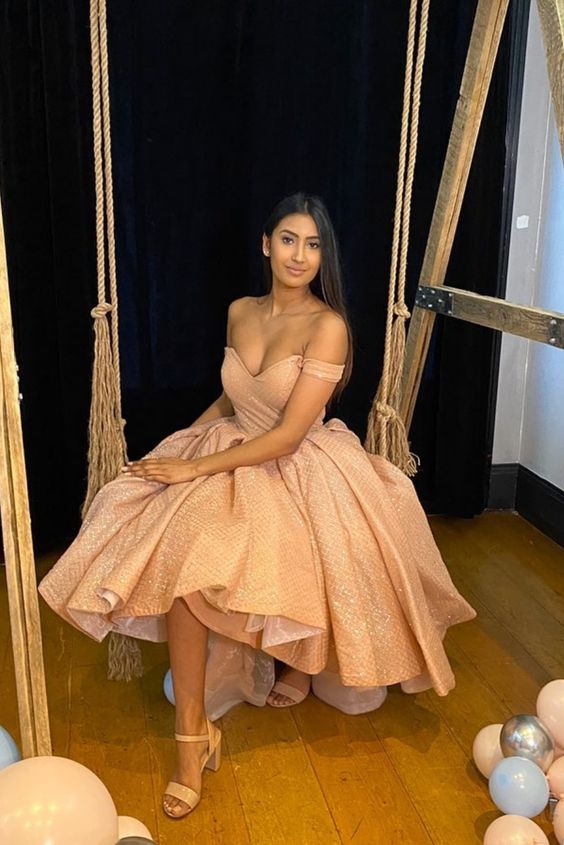 Champagne Off the Shoulder High Low prom Dress cg15630