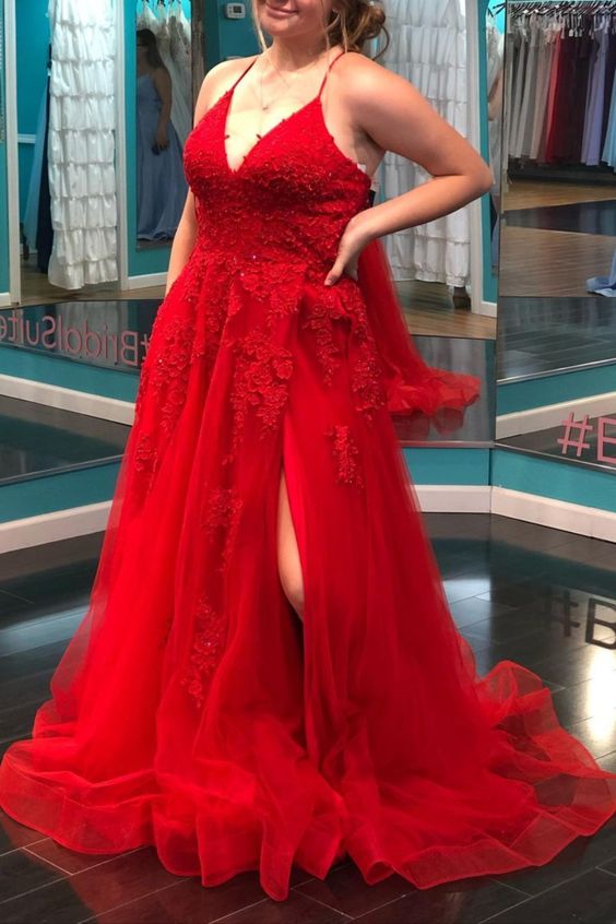 A-line red tulle and lace appliqued long plus size formal dress prom dress cg15662