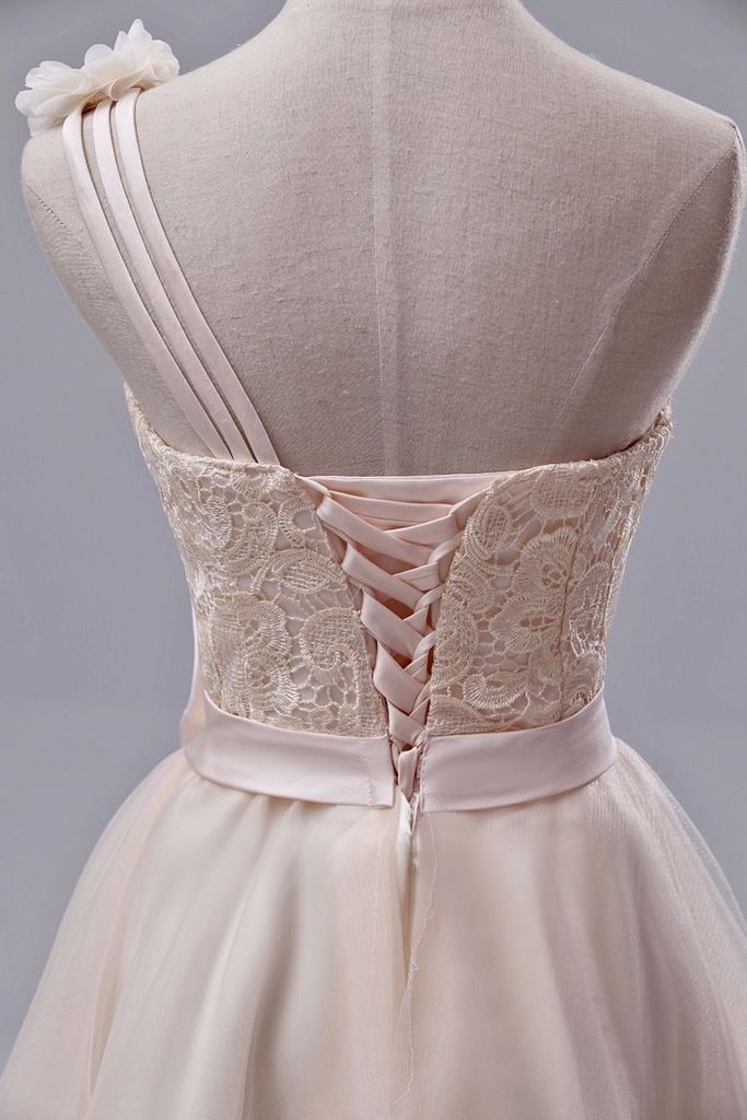 Lovely One Shoulder Lace With Flowers Homecoming Dress, High Low Party Dress cg15678