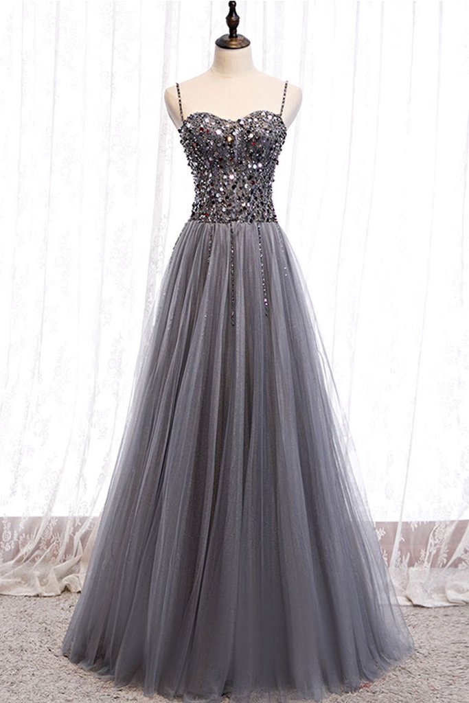 GRAY TULLE SWEETHEART NECK SEQUIN LONG PROM DRESS GRAY FORMAL DRESS cg15684