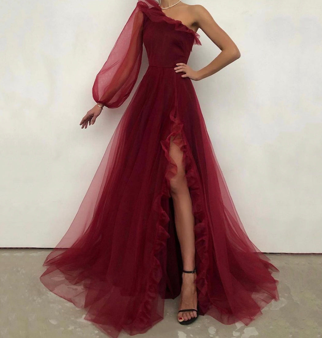 BURGUNDY ONE SHOULDER PROM DRESS EVENING DRESS cg15685