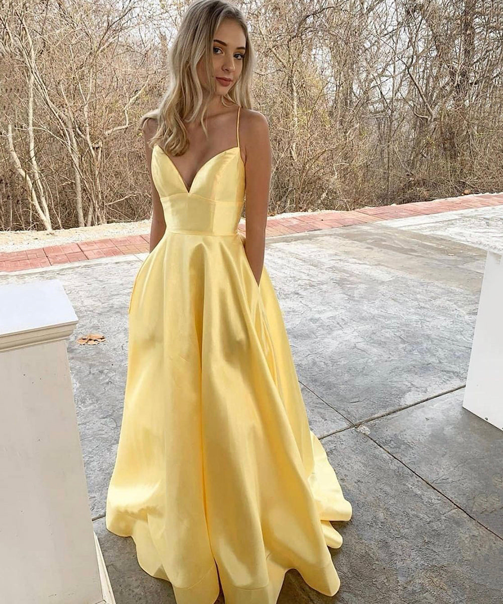 YELLOW SATIN LONG A LINE PROM DRESS EVENING DRESS cg15686