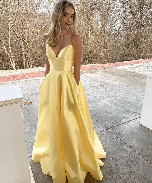 GELBES SATIN LANGES A-LINIEN-BALLKLEID ABENDKLEID cg15686