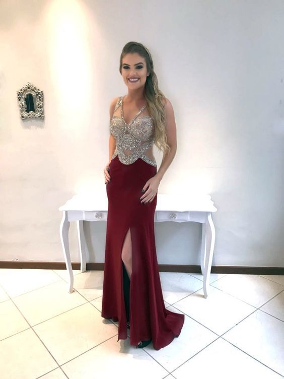 A-line V Neck Long Prom Dress With Split cg15692