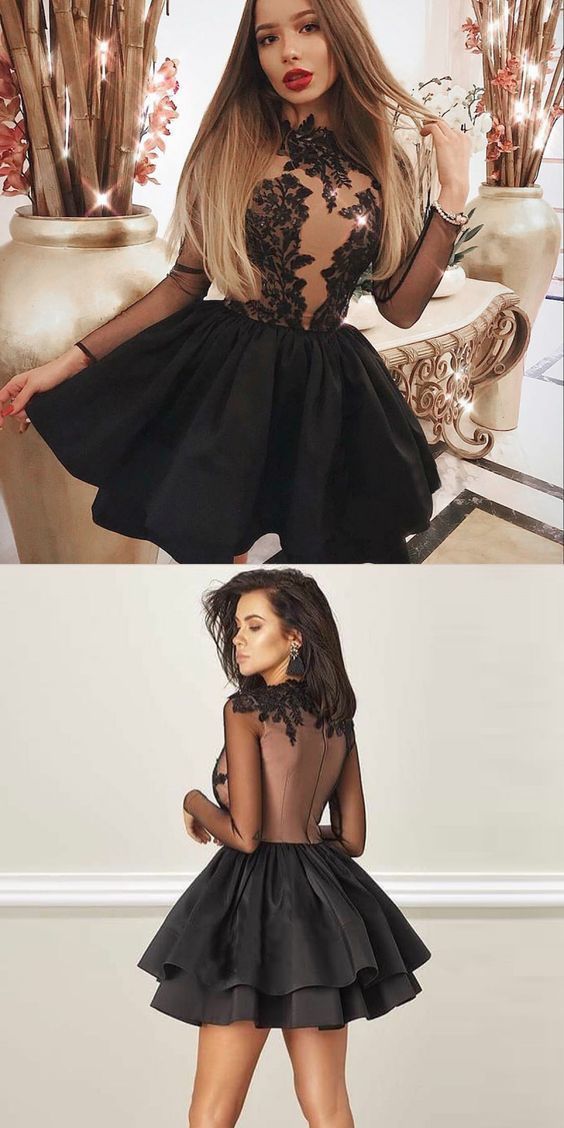 A-Linie Schwarzes Satin-Applikationen Langarm Kurzes Homecoming-Kleid cg157