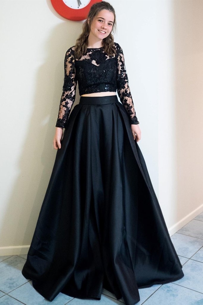 Long Sleeves 2 Pieces Black Lace Long Prom Dress, Long Sleeves Black Lace Formal Dress cg15708
