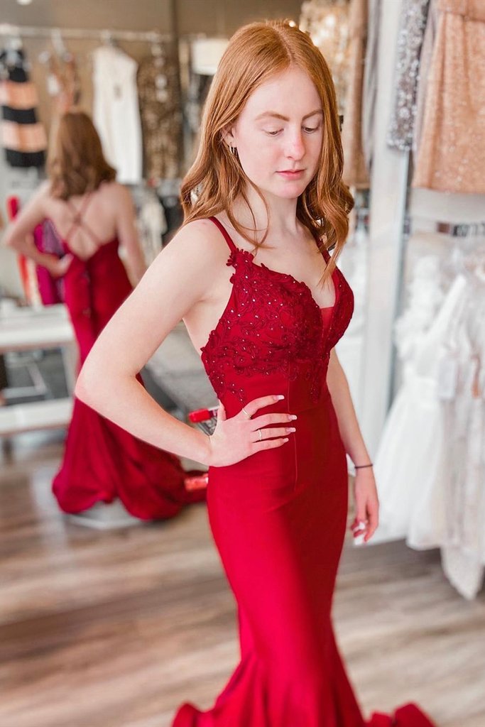 Mermaid V Neck Backless Red Lace Long Prom Dress, Mermaid Red Lace Formal Dress cg15709