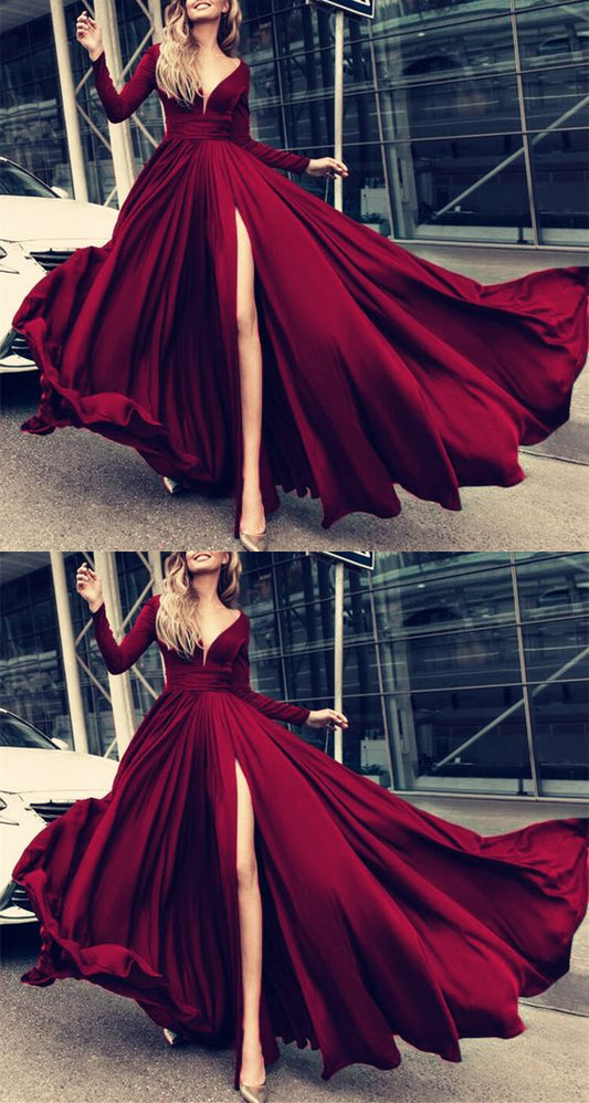 Burgunderrote Ballkleider, langärmliges Ballkleid, langärmlige Abendkleider, Chiffon-Ballkleid, formelle Abendkleider cg1573