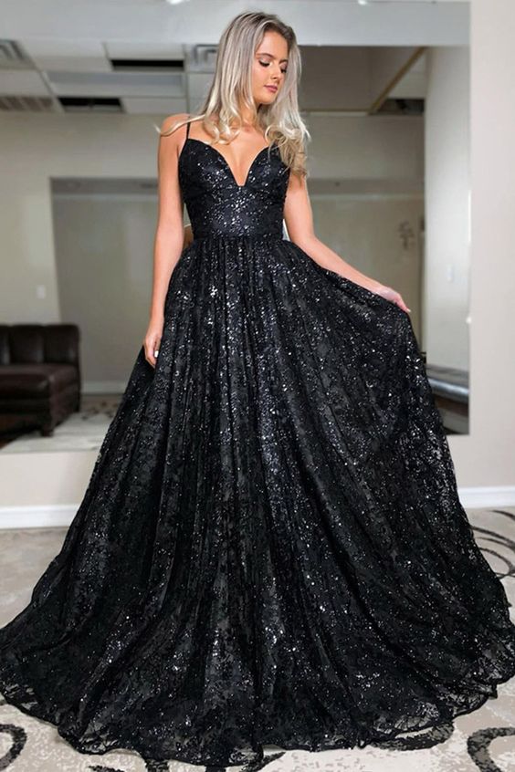 A Line V Neck Spaghetti Straps Black Sequins Prom/Evening Dresses cg15730