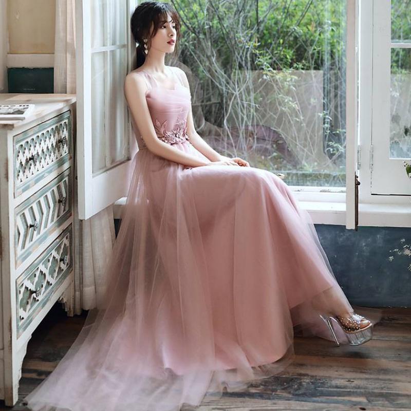 prom dress Beautiful Pink Tulle Straps Party Dress With Flower Lace Applique cg15746