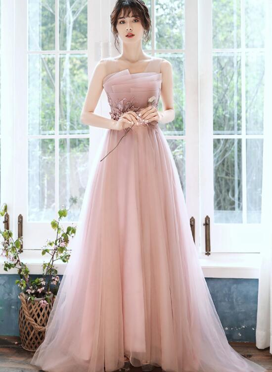 prom dress Beautiful Pink Tulle Straps Party Dress With Flower Lace Applique cg15746