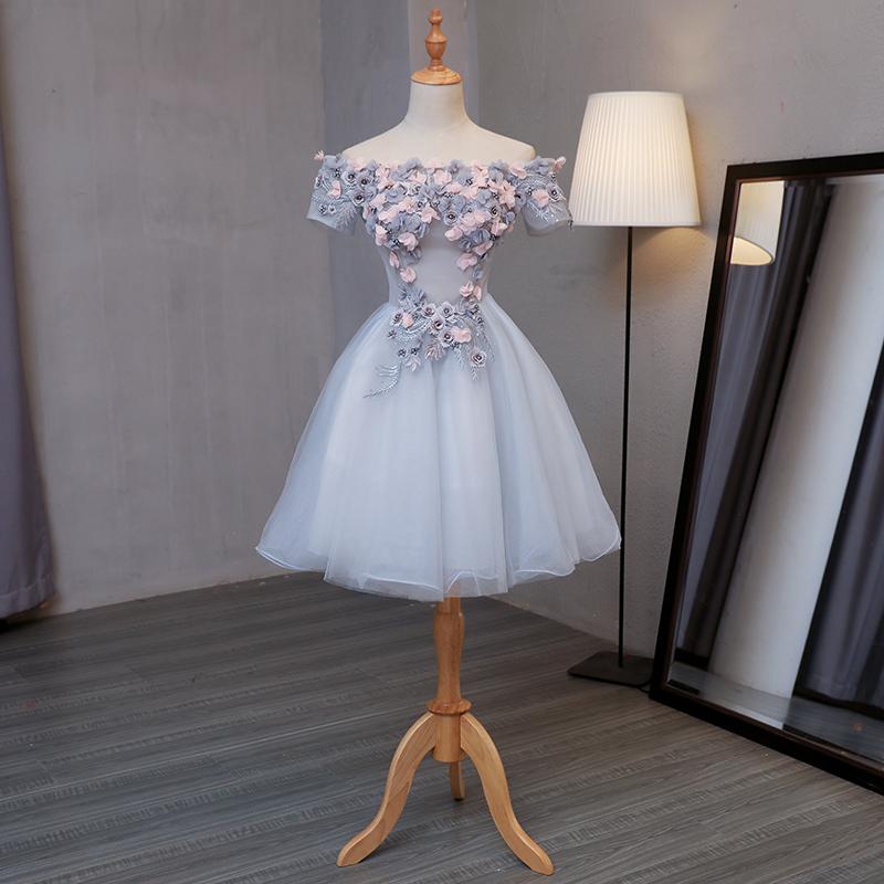 Light Grey Tulle Short Prom Dress With Flowers, Grey Homecoming Dress classygown Light Grey Tulle Short Prom Dress With Flowers, Grey Homecoming Dress classygown