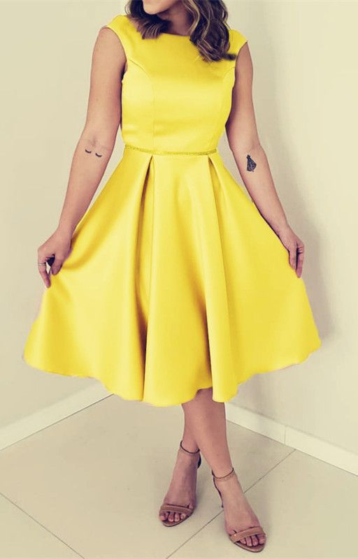 gelbes knielanges Satin-Heimkehrkleid cg1575