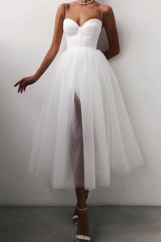 Kurzes Ballkleid aus weißem Tüll, weißes Abendkleid aus weißem Tüll, cg15751