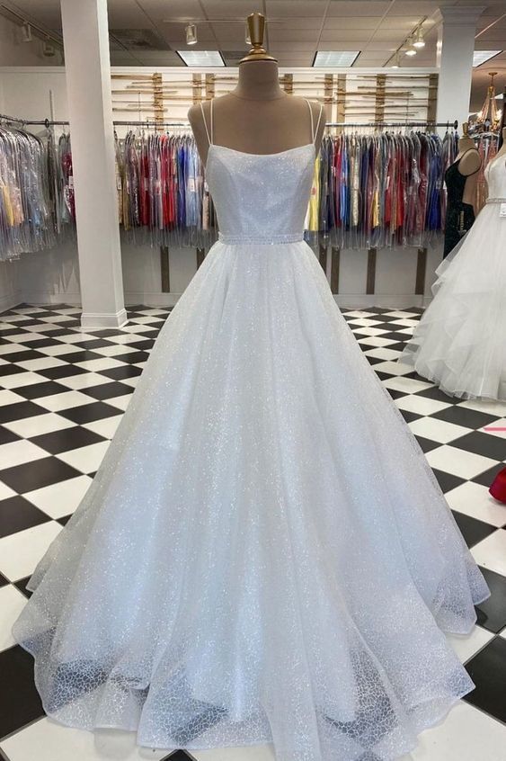 White tulle sequin long prom dress white tulle evening dress cg15754