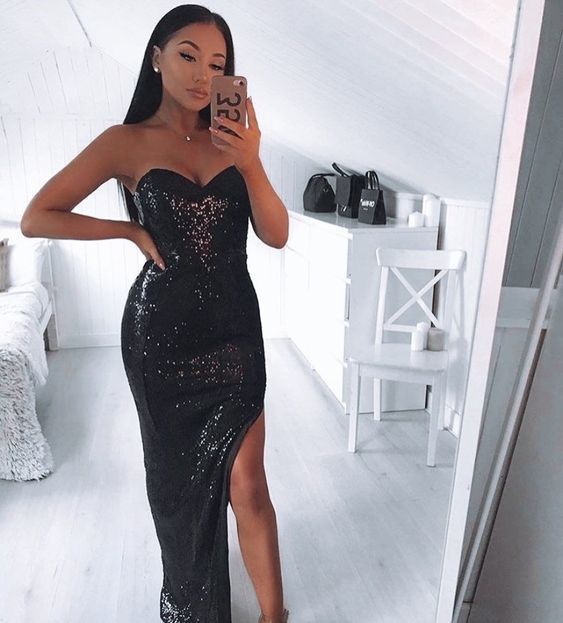 Sweetheart Black Sequins Long Prom Dress Split Front cg15761