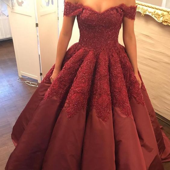 prom dress Burgundy Taffeta Wedding Ball Gown Dresses Lace Off The Shoulder cg15790