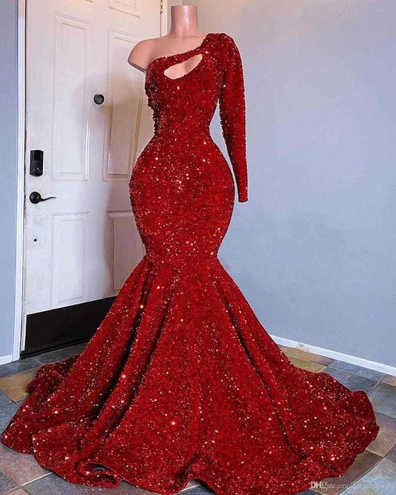 Red Sequined Mermaid Prom Dresses One Shoulder Long Sleeve Sequined Keyhole Prom Gowns cg15792 Red Sequined Mermaid Prom Dresses One Shoulder Long Sleeve Sequined Keyhole Prom Gowns cg15792