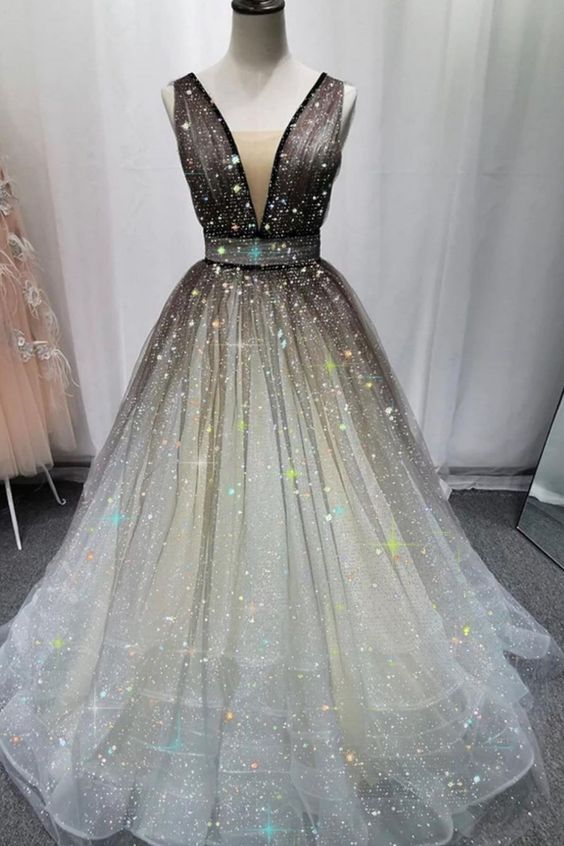 A-line black ombre tulle long fairy dress evening dress prom dresses cg15799