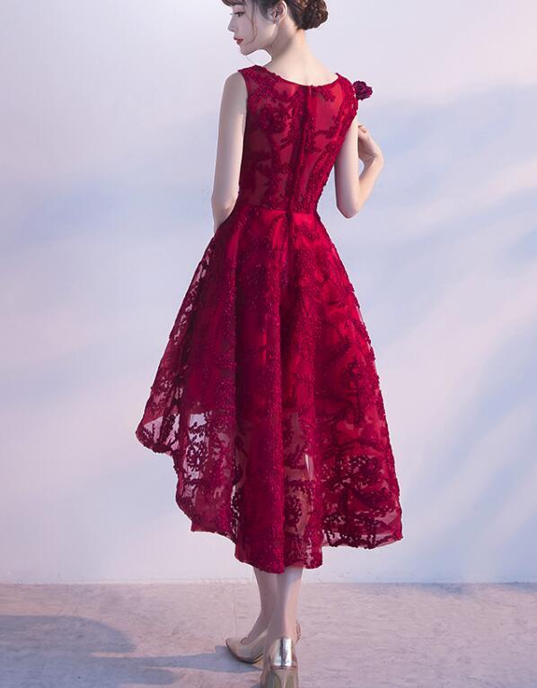 Wine Red Lace High Low Charming Formal Dress, Junior Party Dress, Cute Prom Dress cg15812