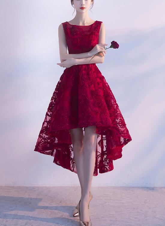 Wine Red Lace High Low Charming Formal Dress, Junior Party Dress, Cute classygown Wine Red Lace High Low Charming Formal Dress, Junior Party Dress, Cute classygown
