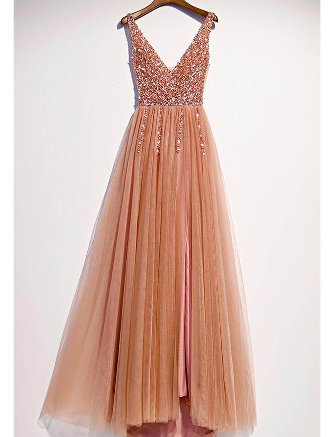 Pearl Pink Beaded Slit V-Neckline Long Junior Prom Dress, Pink Evening Dress cg15814
