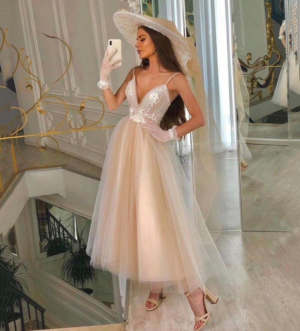 CHAMPAGNE V NECK TULLE SHORT PROM DRESS EVENING DRESS cg15816