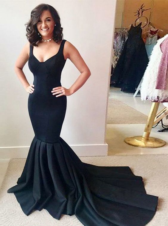 black mermaid prom dress with train Black Mermaid Satin One Shoulder Sweep Train Prom Dress