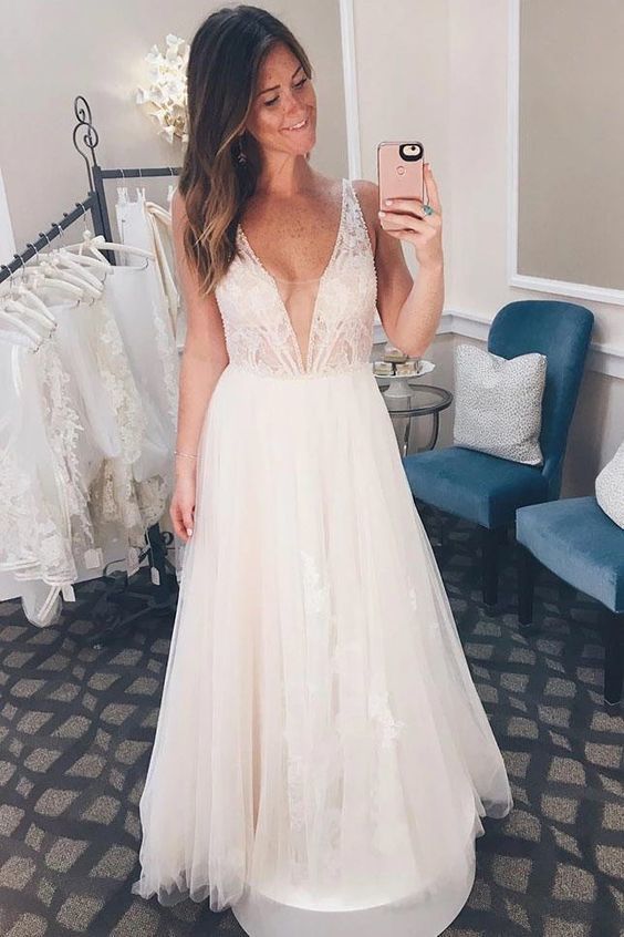Stuuning Deep V Neck Ivory Floor Length Prom Dress cg15821