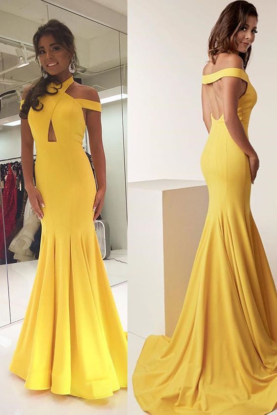 Elegant ,Mermaid ,Yellow,Halter,Backless, Long Prom Dress, Evening Dress, cg15829