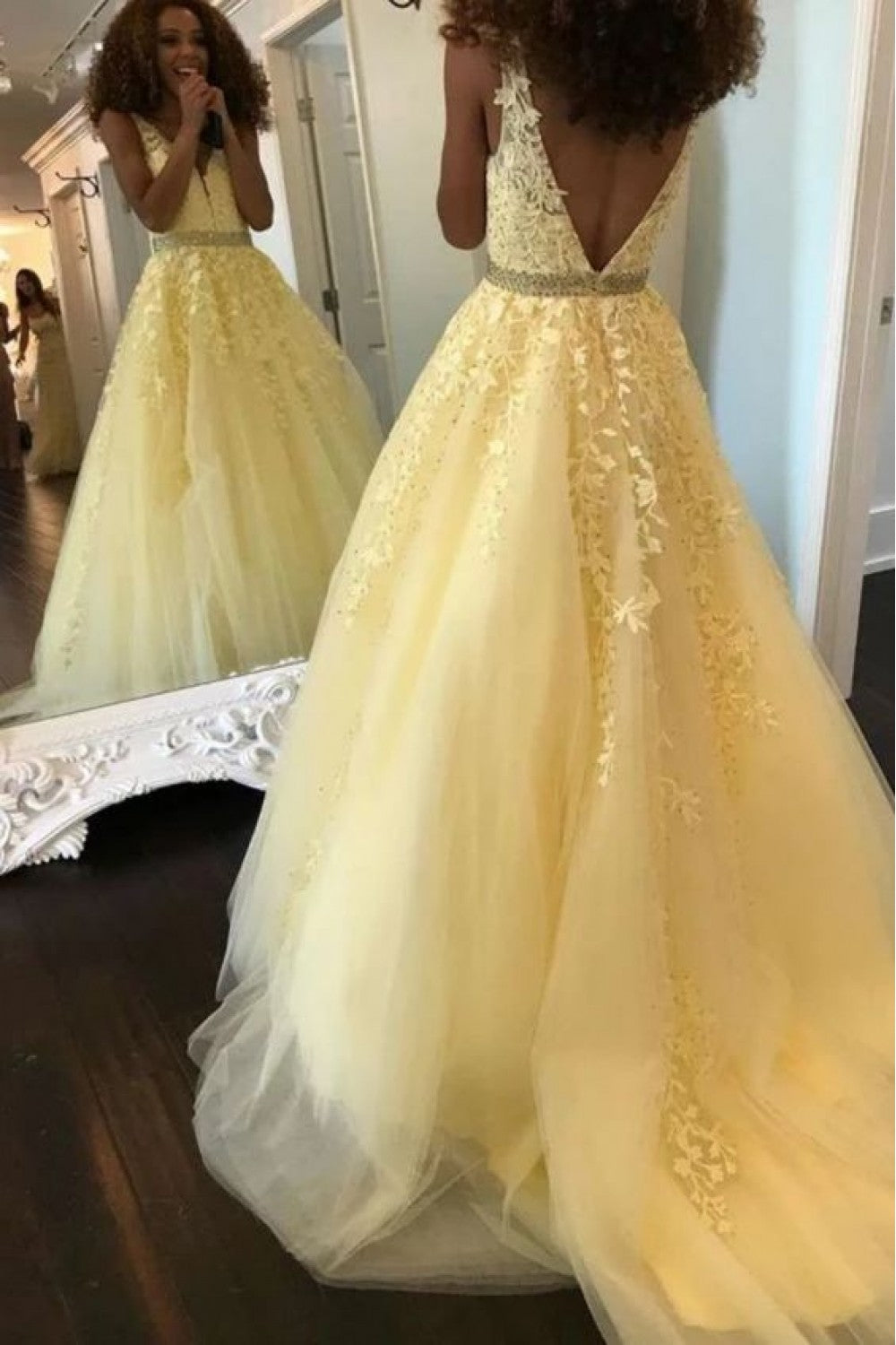 A-Line Beaded Lace Appliques V-neck Long Prom Dress cg15846