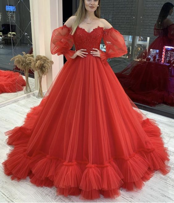 Elegant Red Tulle Ball Gown prom Dresses cg15856