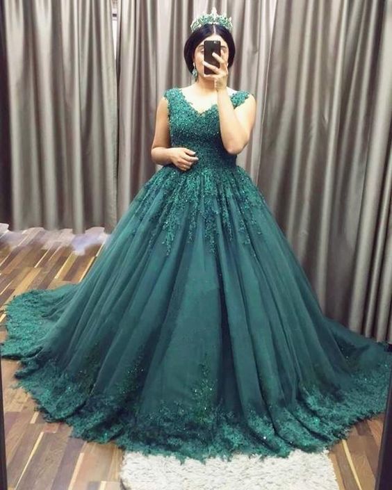 V Neck Tulle With Appliques Teal Ball Gown Long Prom Dresses cg15861