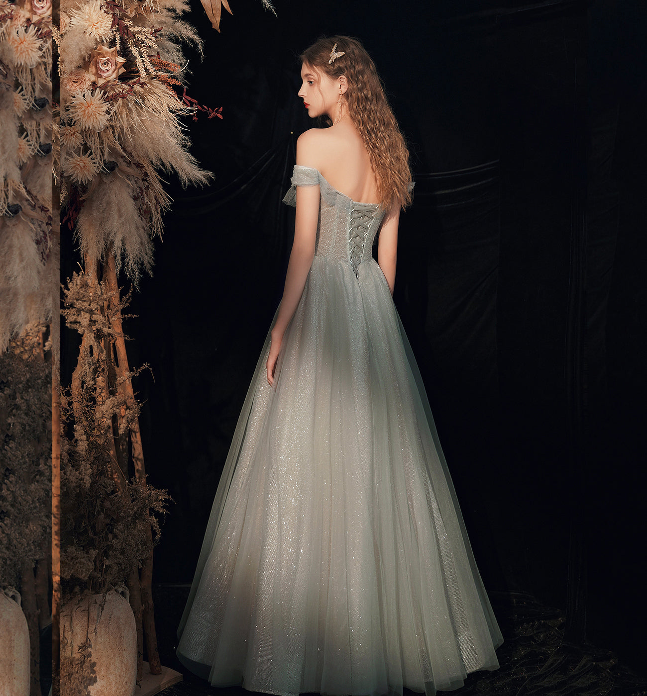 SHINY TULLE SEQUINS LONG PROM DRESS GREEN EVENING DRESS cg15864