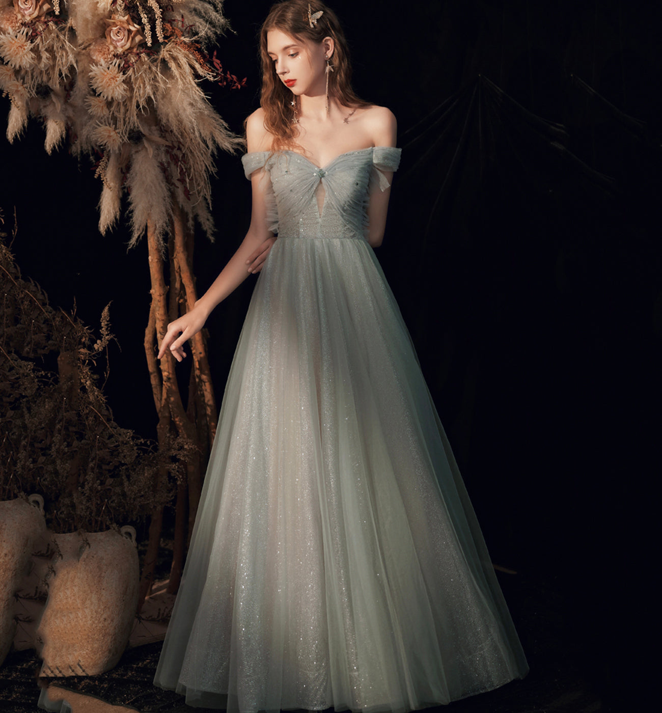 SHINY TULLE SEQUINS LONG PROM DRESS GREEN EVENING DRESS cg15864