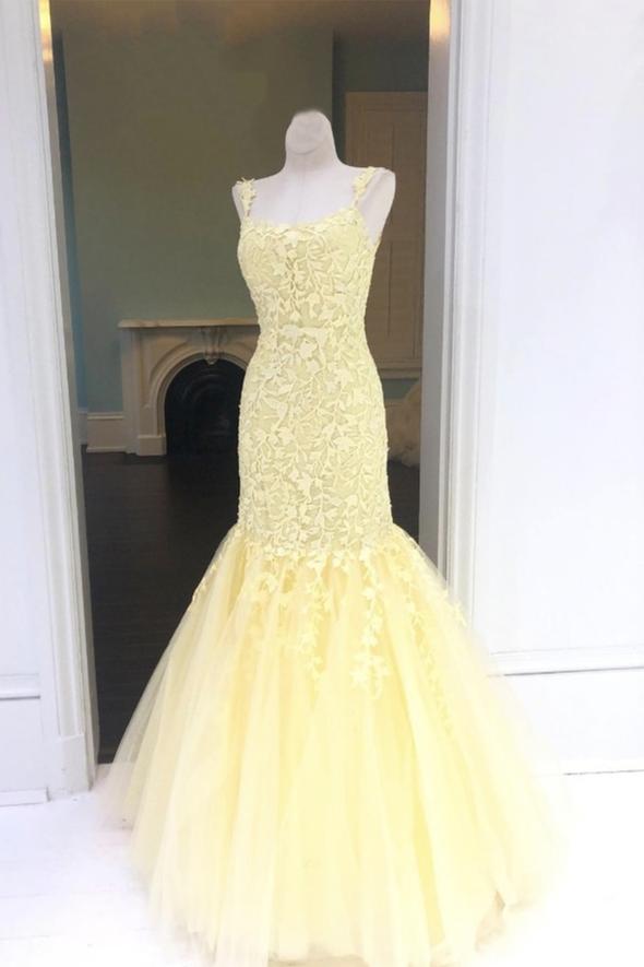 Yellow tulle lace long prom dress mermaid evening dress cg15878