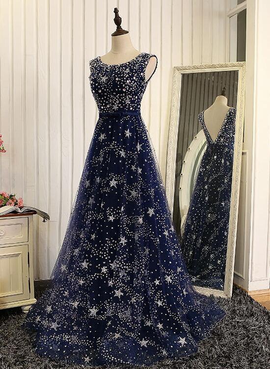 Shiny Navy Blue Tulle Long Formal Dress, Blue Prom Dress Evening Gown cg15881
