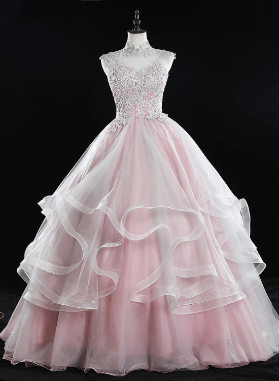 Pink High Neck Tulle Lace Long Prom Dress, Pink Sweet 16 Gown cg15884