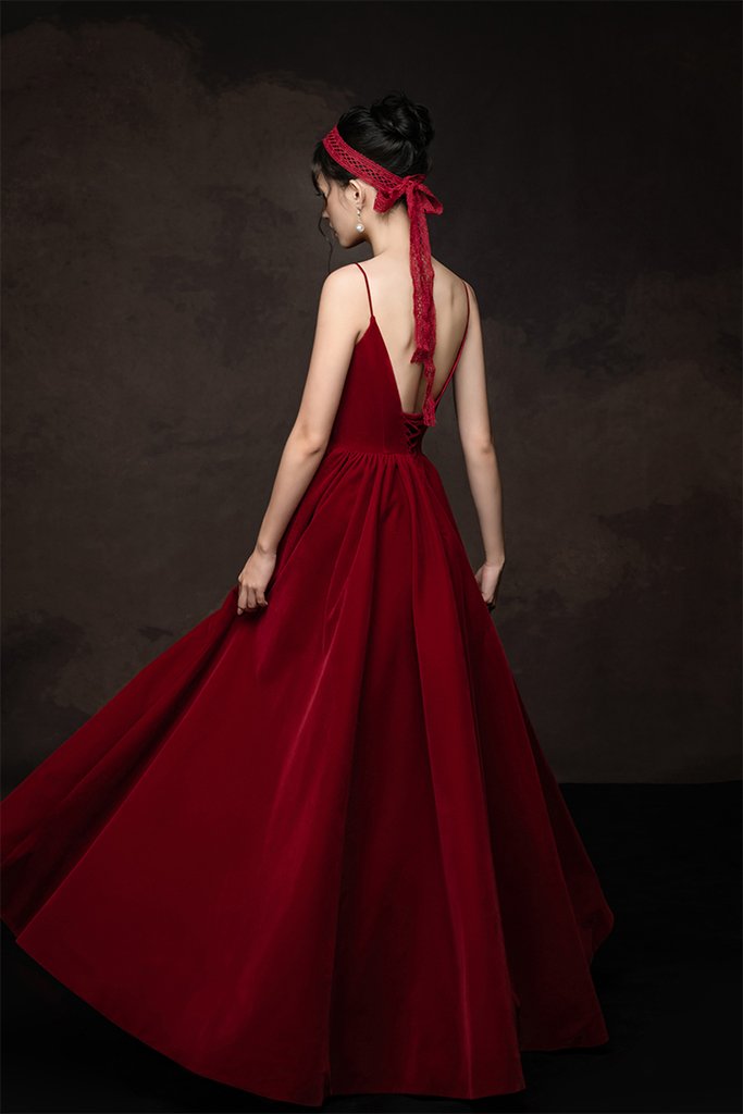 Schlichtes, langes, weinrotes Ballkleid mit V-Ausschnitt, weinrotes Brautjungfernkleid, cg15886